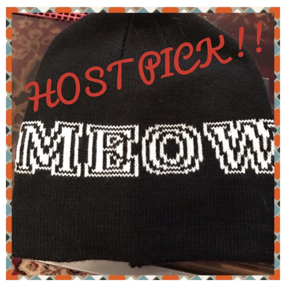 BNWOT Black Beanie with MEOW in white letters - Picture 1 of 3
